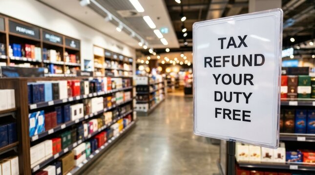 White sign with black text 'tax refund your duty free' stands in a brightly lit modern retail store aisle with shelves stocked