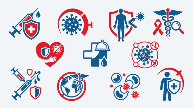 Collection of medical icons representing health, protection, and the fight against viruses and diseases.