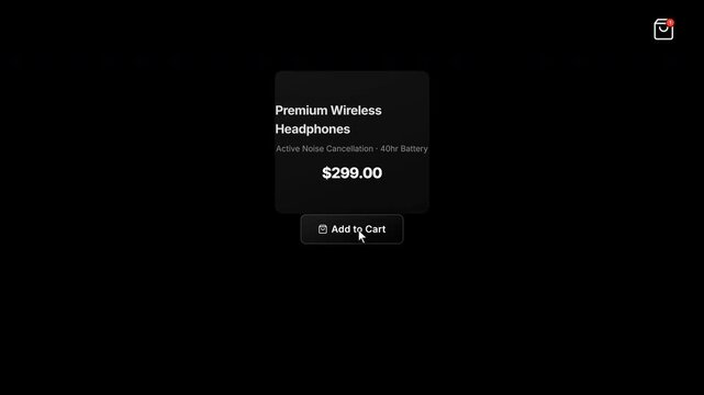 Interactive cursor clicking add to cart button on premium wireless headphones product page digital animation footage for online commerce stores