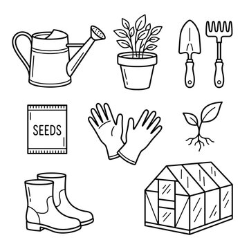 Line Art Illustration of Gardening Tools and Plant Elements for Eco-Friendly Design