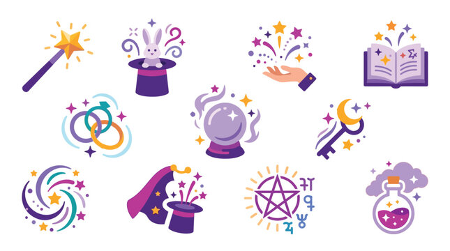 A collection of magical and mystical symbols, including a wand, top hat with a rabbit, crystal ball, spellbook, rings, and potion.