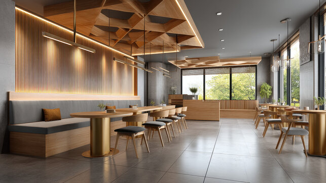 Modern and simple fast food restaurant interior, warm oak straight grain board contrasts with warm gray, bright space, postmodern geometric style, embedded linear lighting