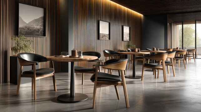 Modern minimalist restaurant design, light luxury Nordic style, wood color and dark gray, simple tables and chairs, wood grain walls