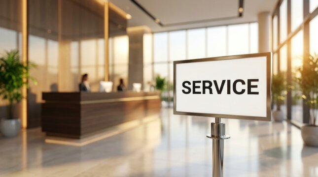 Service sign in modern office lobby with reception desk and people in background