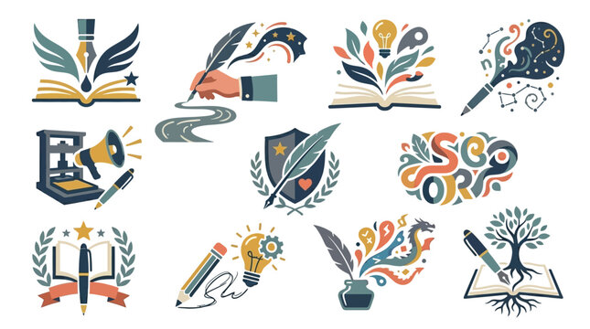 Collection of creative writing and storytelling icons, featuring pens, books, and lightbulbs symbolizing ideas and imagination.