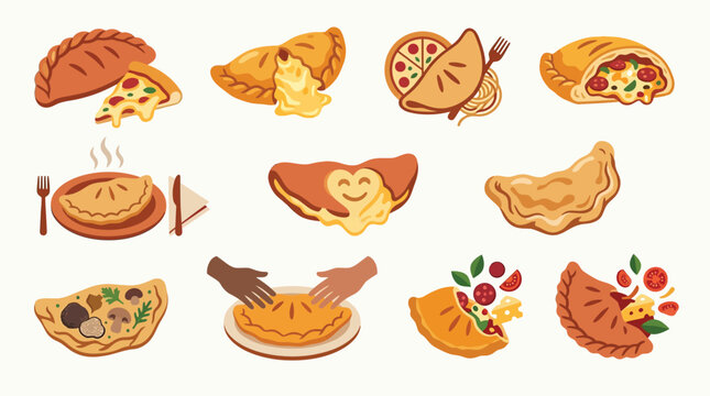 A vibrant collection of delicious empanadas and calzones, showcasing various fillings and preparations, presented in a charming illustration style.