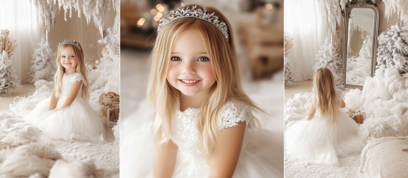 A beautiful little girl with long blond hair in white dress and silver tiara posing for the photo shoot
