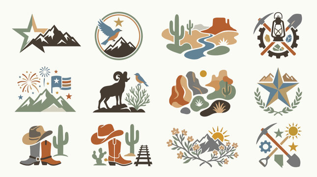 Collection of stylized western and nature-themed graphic elements, including mountains, desert landscapes, animals, cowboy gear, and mining tools.