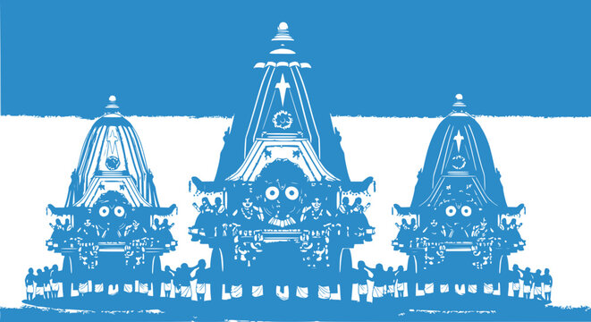 Abstract Ratha Yatra Festival Chariots, Blue and White Silhouette