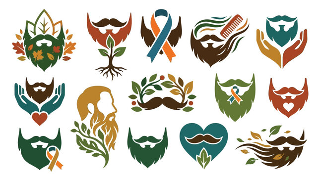 Collection of stylized beard and mustache logos with nature and awareness ribbon elements.