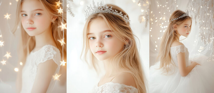 A photo of beautiful girl with long blond hair in white dress and silver tiara, white room decorated for Christmas, three photos side by side, white background, light warm tones