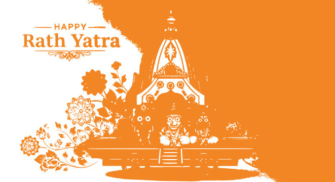 Happy Rath Yatra Festival Celebration with Chariot and Flowers - Orange Background