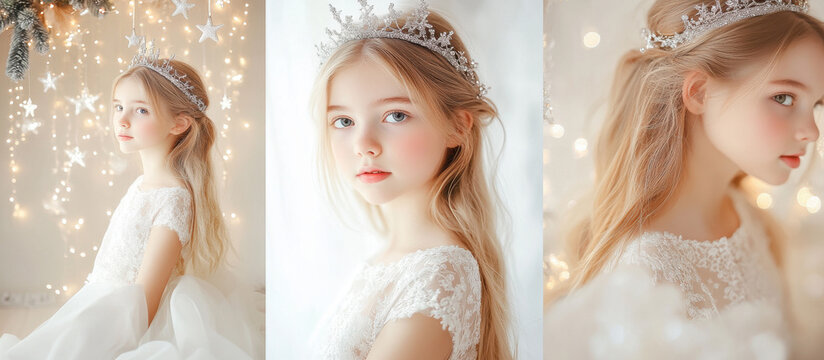 A photo of beautiful girl with long blond hair in white dress and silver tiara, white room decorated for Christmas, three photos side by side, white background, light warm tones, fairytale style