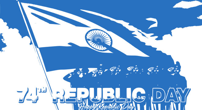 India 74th Republic Day Celebration Banner: Flag, Soldiers, Ashoka Chakra, Blue White