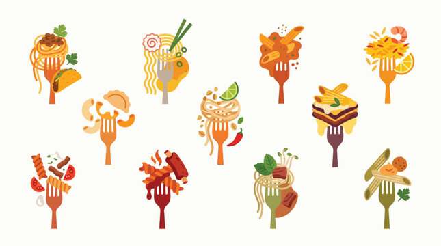 A vibrant collection of diverse culinary creations artfully presented on forks, showcasing a global gastronomic journey.
