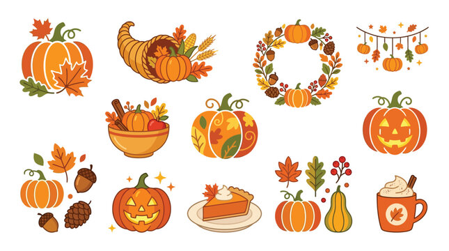 A vibrant collection of autumn-themed illustrations featuring pumpkins, gourds, leaves, acorns, a cornucopia, and a slice of pumpkin pie.