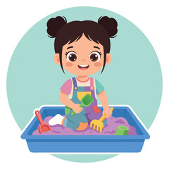 Fototapeta premium Happy little girl playing in sandbox with colorful toys and sand.