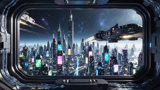 Futuristic Spaceship Interior Window View Of A Neon Cyberpunk City Skyline With Flying Crafts At Night
