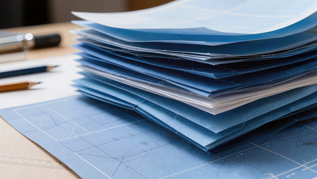 stack of blueprints and documents on desk, architecture paperwork and construction planning, project documentation and engineering office workflow concept