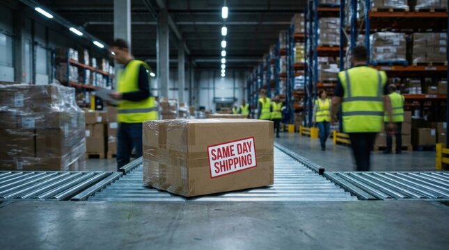 Warehouse workers handling same day shipping box on conveyor belt in industrial storage facility with shelving units