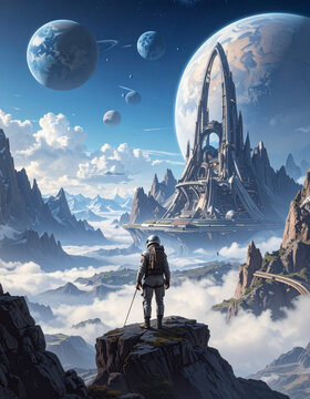 Astronaut standing futuristic landscape