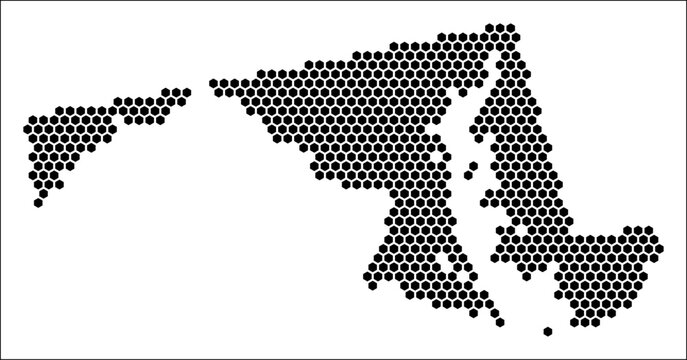 Maryland hexagon map. Plain black and white dotted shape template. State tiny hexagon cells. Maryland flat honeycomb template. Vector Illustration.