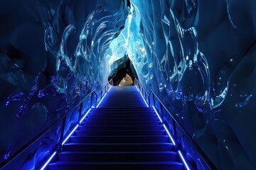 Fototapeta premium Blue ice cave interior with illuminated stairs leading upwards into darkness. Natural ice formations line the tunnel walls. This subterranean passage invites exploration into frozen wonders.