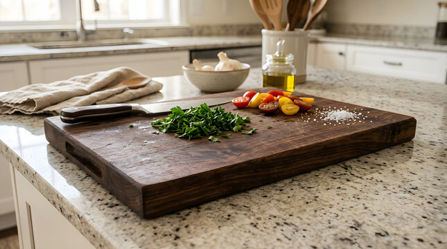 Wooden cutting board with chopped vegetables.