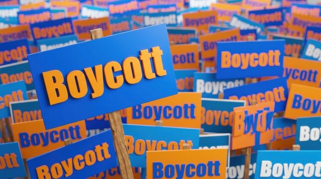 Many boycott signs in blue and orange colors for protest or demonstration
