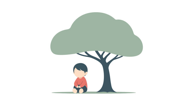 Boy sitting under a tree alone.