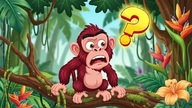 A confused cartoon monkey sits on a tree branch in a vibrant jungle with a large question mark above its head
