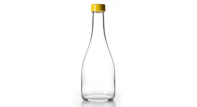 Empty transparent glass bottle with a yellow screw cap standing on a white