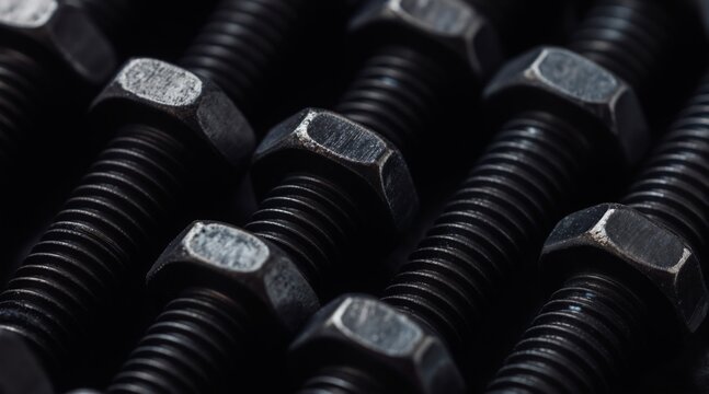 Macro photo of black hexagonal bolts with nuts. Metal fasteners arranged in rows, offering industrial and mechanical themes for various design needs.
