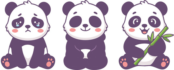 Cute panda cartoon characters with different emotions and bamboo, adorable bear set in kawaii style, playful vector illustration isolated on light background © Sumon Creative