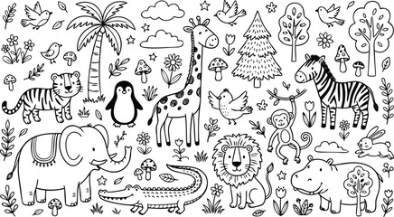 Cute safari animals doodle vector set with elephant giraffe lion zebra monkey crocodile and jungle elements line art © Sumon Creative