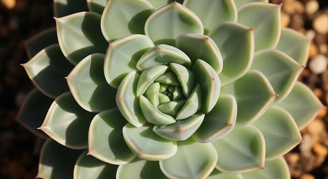 Close-up of a green succulent plant displaying a symmetrical rosette pattern