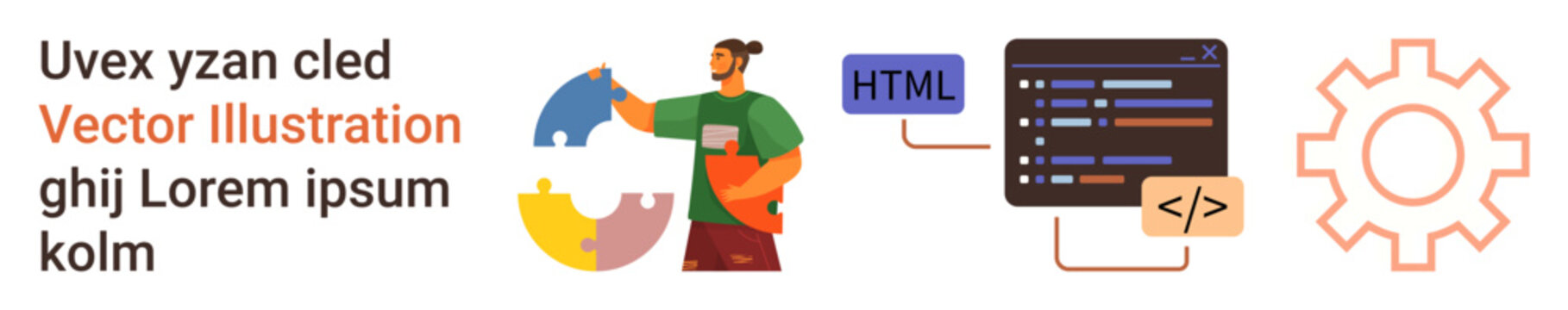 Web design, software engineering, coding education, programming tools, conceptual frameworks, collaboration. Programmer holding puzzle pieces, HTML code and gear symbol. Web design and software