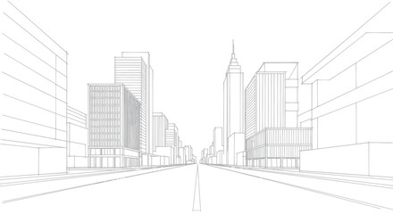 Obraz premium Architectural blueprint of a modern city street with towering buildings.