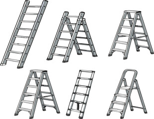 Metal ladders and step ladders collection with construction equipment tools, industrial climbing devices set, hand drawn vector illustration isolated on light background © Sumon Creative
