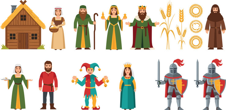 Medieval characters and village elements collection with king queen knight peasant and castle house, historical fantasy set, flat vector illustration isolated on light background