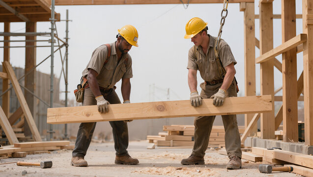 two construction workers carrying timber beam, teamwork on a building site and labor industry concept