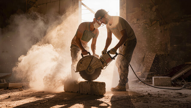 workers using a cutoff saw on a dusty construction site, industrial teamwork and heavy duty building work