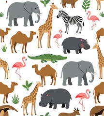 Naklejka premium Seamless safari animals pattern with elephant giraffe zebra camel hippo flamingo and crocodile, cute jungle wildlife background
