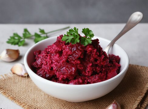 Red beet horseradish appetizer served in white bowl with parsley garnish. Rustic food styled with garlic cloves and burlap, perfect for healthy eating blogs and Eastern European cuisine.