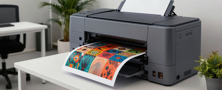 Modern office printer produces colorful graphic art print. Device sits on white desk next to potted plant and office chair. High quality output for creative work.
