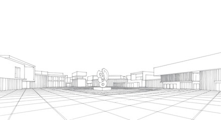 Architectural Sketch of Modern City Square with Sculpture. © Dika
