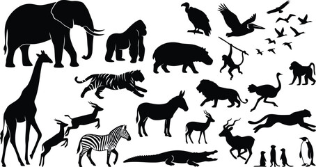 Wild animal silhouettes vector set with elephant giraffe lion tiger zebra monkey birds and safari wildlife collection © Sumon Creative