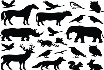 Wildlife animal silhouettes vector set with birds deer fox elephant horse cow rhino and forest animals © Sumon Creative