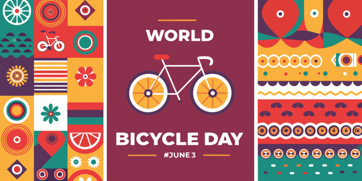 World bicycle day banner with colorful geometric patterns and bicycle illustration