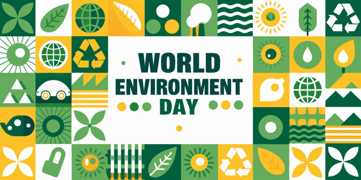 World Environment Day mosaic pattern with ecological symbols and text